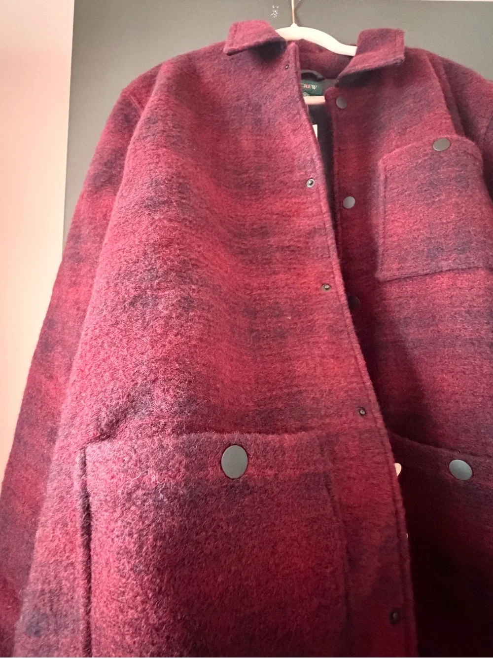 J.CREW Men's XL Burgundy Plaid Shacket Jacket Button Front Lined Pockets